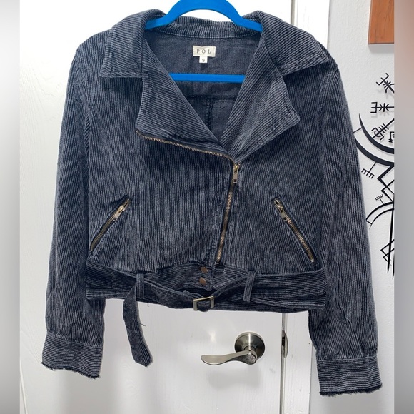 NWOT POL Corduroy Moto Jacket Womens S Oversized Black Belted Zip Front Pockets - Picture 1 of 11